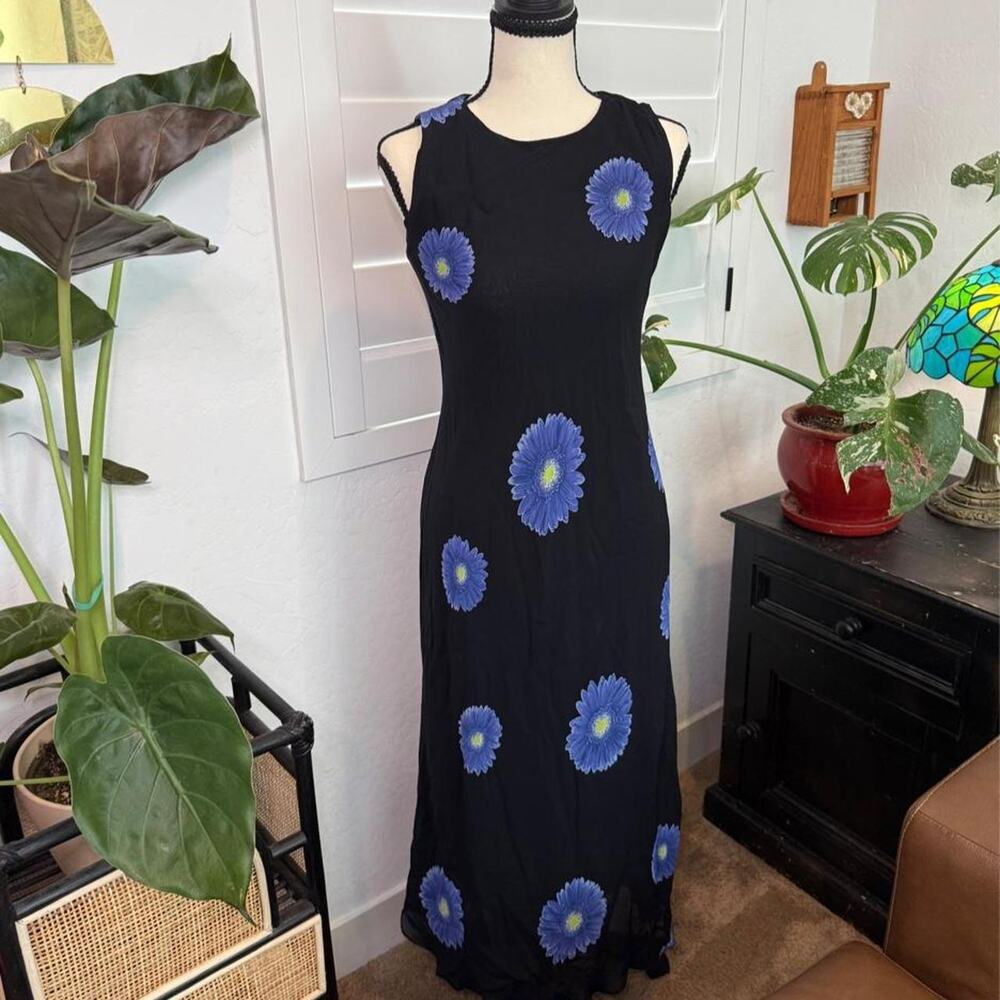 Vintage 90s Tessuto Petites Black Blue Daisy Floral Maxi Dress Rayon